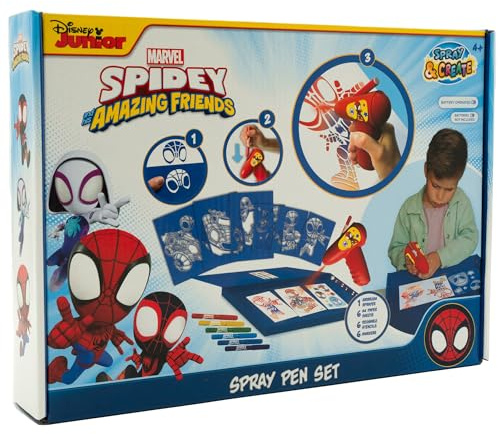 Disney - Marvel - Spidey et ses incroyables amis - Ensemble de stylos à aérosol à piles - Aérographe pour enfants - Ensemble de peinture avec crayons de couleur et modèles à colorier