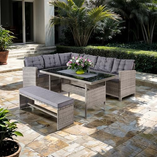 Wohnando Eckbank 7 Personen, Lounge Gartenmöbel Set Terassenmöbel mit Tisch und Bank, Gartenlounge in Rattan mit Polster grau Henry