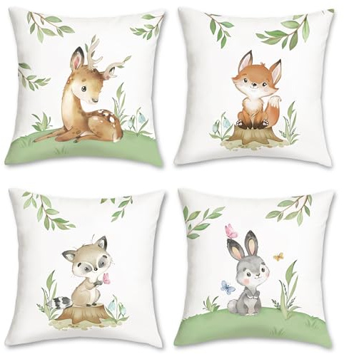 Bonhause Animals Cushion Covers 45 x 45 cm Deer Fox Raccoon Bunny Decorative Throw Pillow Covers for Sofa Couch Bed Home Garden Nursery Kids Room Decor Set of 4