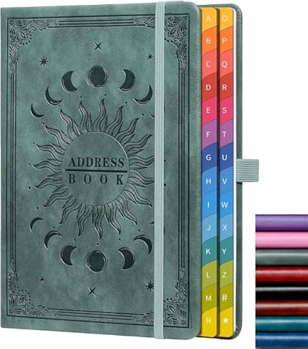 Address Book A5 (14.5 x 21 cm), Alphabetical Contact Book with A-Z Tabs, Hardcover Address Notebook with Pen Loop, Pocket & Elastic Closure, Organizer for Telephone and Important Information
