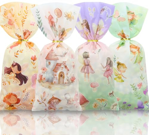 Fairy Candy behandlingspåsar, 50 st godispåsar, 4 stilar vackra blommor och älva motiv cellofan presentpåsar med guld vridna snören