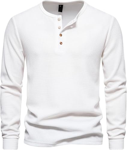 Henley Gaufré À Manches Longues Chemise Homme，Coupe ajustée, boutonnée （Blanc， Large