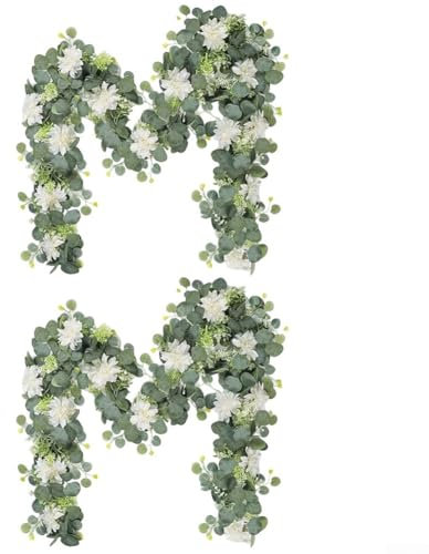 Luxuriöse weiße Dahlie & Eukalyptus-Girlande-Set, 2 Stück, 3,6 m, für Heimdekoration und für Hochzeiten