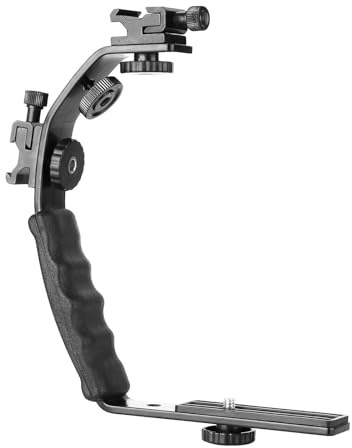 QUXVUIS Durable Aluminum Alloy Camera L Bracket With Padded Hand Grip Dual Flash Shoe Mounts Far Exceeds Built-in Shoe Mount Version Which Will Risk Dte Flash/s To Slide Off.Provides Economical