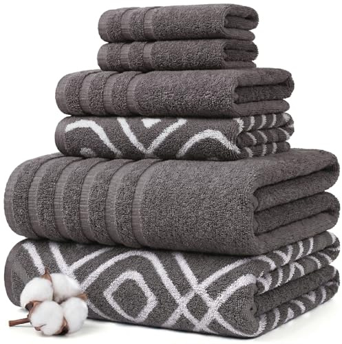 Modern Threads 6 Piece Bath Towel Set – Bathroom Set with 2 Bath Towels, 2 Hand Towels, and 2 Wash Cloths – 100% Cotton, Super Absorbent & Extra Soft – Reversible Classic Diamond (Gray)