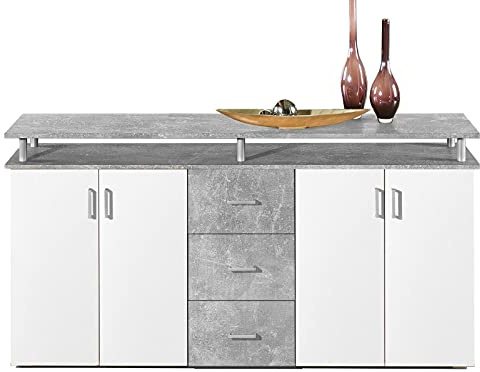 möbelando Highboard Kommode Standschrank Sideboard Anrichte Beistellschrank Lyndy I Beton/Türen Weiß
