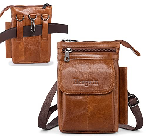 Hengwin Tracolla Portacellulare, Marsupio da Lavoro per Uomo, Borsellino Porta Soldi da Viaggio, Marsupio da Cintura per Smartphone in Vera Pelle, Borsellino Porta Carte da Cintura per Trekking