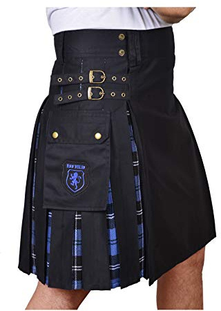 DSS KILTS- Modern Hybrid Cotton & Tartan Kilts (30 at Belly Button, Black Cotton & Ramsay Blue Tartan)