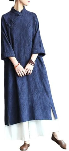 LUZU JUNU Spring Women Dresses Chinese Dress Traditional Collar Vintage Cotton Linen Robe Cheongsam Dresses(US,Alpha,One Size,Regular,Regular,Navy)