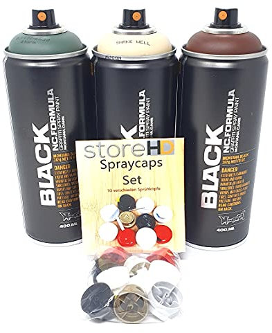 Montana Black Sprühdosen Set, Camouflage - Tarnfarben + 10 Ersatzsprühköpfe - 3 x 400ml