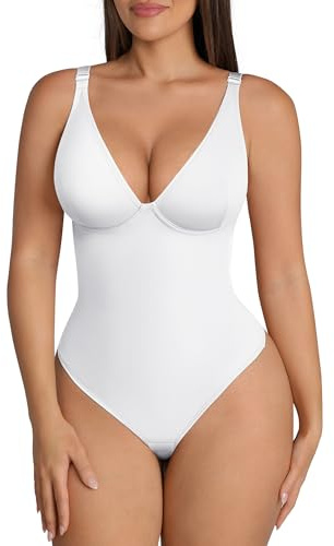 FeelinGirl Body Suit for Women Tummy Control Shapewear Deep V Neck White XL