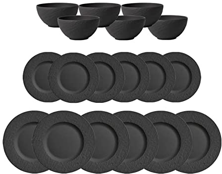 Villeroy & Boch Tafelservice Manufacture Rock, Geschirrset für 6 Personen, Speiseteller ø 27 cm/Frühstücksteller ø 22 cm/Bol ø 14 cm, Premium Porzellan, Schwarz