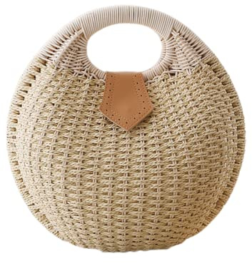 HINGTAT Sac en rotin rond de style bohème - Fait à la main - Pour femme - Tendance - Sac de plage d'été - Sac à bandoulière en rotin classique - Sac en paille chic