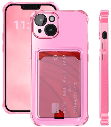 ELEVAVIDA Coque pour iPhone 14 rose transparente avec porte-cartes et protection de caméra - coins antichoc, étui de protection pour Apple iPhone 14 rose fin