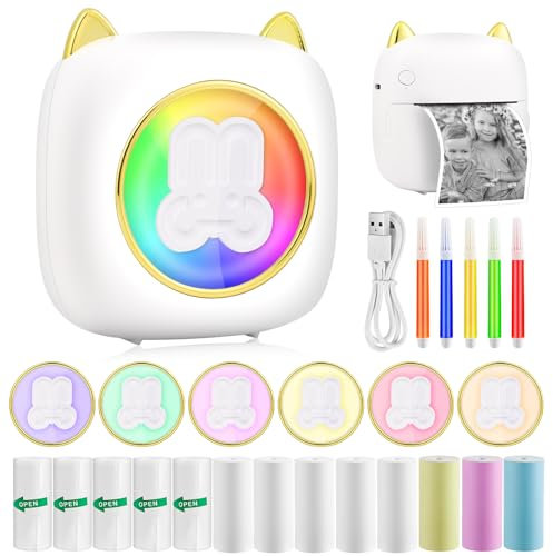 GuKKK Mini Fotodrucker, Mobiler Thermodrucker, Wireless Bluetooth Drucker für Smartphone, Mit 13 Rollen Druckerpapier und 5 Buntstifte, Tragbar für Liste, Journal
