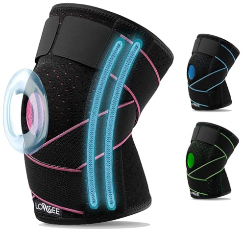 LOW&EE® Kniebandage Meniskus und Bänder, verstellbar, vollständige Patella-Knieschoner – Rotuliana Kniestütze für Sportler - Crossfit-Knieschützer, Unisex, aus Neopren mit Silikon (Schwarz/Pink)