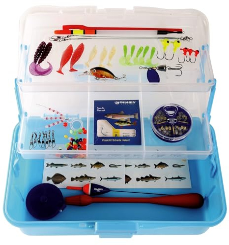 Prachtfisch Kinder Angelkoffer - Angelset Zubehör Angeln 110 Teile mit Taschenlampe (Blau)