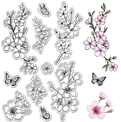 CRASPIRE Fiori di Ciliegio Timbri Trasparenti Fiori Sakura Giapponesi Farfalla Riutilizzabili Retro Trasparenti Sigilli per Timbri in Silicone per Scrapbooking Album Fotografico Decorativo per Diario