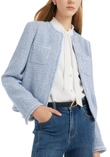GOELIA Blazer in tweed da donna, girocollo, maniche lunghe, blu blazer da donna con due tasche, Blu, Large