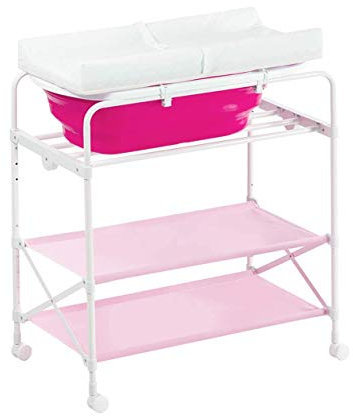 MMRTDJDR 3-stöckiger Wickeltisch für Säuglinge mit Badewanne, Ablagefächern und BPA-freiem Material – Rosa