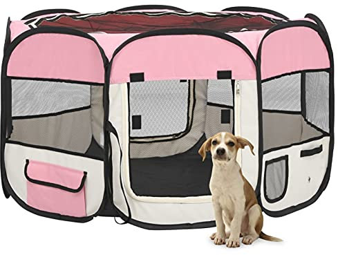Faltbarer Welpenlaufstall mit Tragetasche, ZEYUAN Welpenlaufstall, Laufstall Hund, Hundelaufstall, Hundepark, Katzengehege, Hundezelt, Auslauf Für Hunde, Rosa 110x110x58 cm
