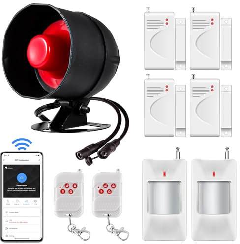 WiFi Alarmanlage Haus Sirene mit 120 dB Sirene, Bewegungssensor, Türfenstersensor und Fernbedienung,für Lager,Geschäfte,Haus