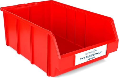 HMH 9x Stapelboxen Größe XL Werkstatt Garage Keller Sichtlagerboxen 489x304x185mm Lagerboxen ROT Sichtlagerkästen Kleinteile Aufbewahrung