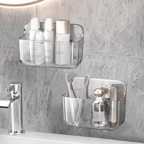 ANRUI Duschablage Ohne Bohren, 2 Stück Acryl Duschregal Wandmontage, Badezimmer Regal Organizer Shampoo Duschgel Halterung für Dusche, Duschkorb Ohne Bohren für Bad Küche, Klar-Kleiner Korb