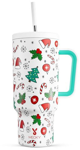 Meoky 40 oz Christmas Tumbler with Handle and Straw, Xmas Tumbler with Lid and Straw, Insulated Stainless Steel Travel Mug, 100% Leak-proof, Keeps Cold for 34 Hours (Snowflake Wishes)