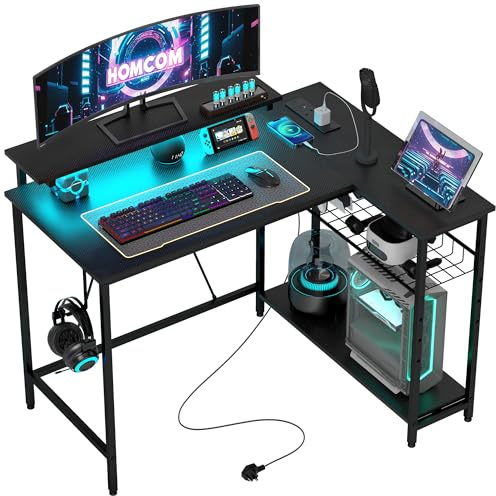 HOMCOM L Shaped Gaming Desk LED Lights Power Outlet 107cm Black | USB Charging Ports, Reversible Corner Computer Desk, Storage Shelves, Monitor Stand, Home Office, Small Space