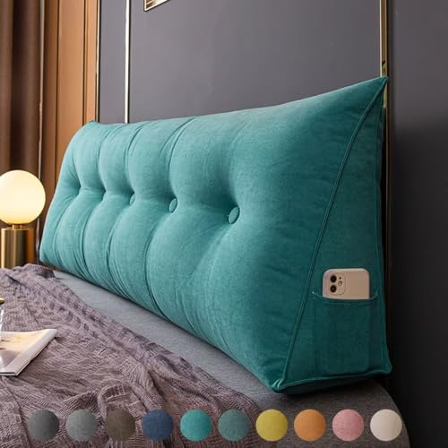 Bettkissen Rückenlehne 80cm Grün, Rückenkissen Bett Keil Kopfteil Kissen, Waschbar Abnehmbar Rückenstützkissen Lendenkissen mit Seitentasche, Bequemes Groß Wandkissen Lesekissen für Bett und Sofa