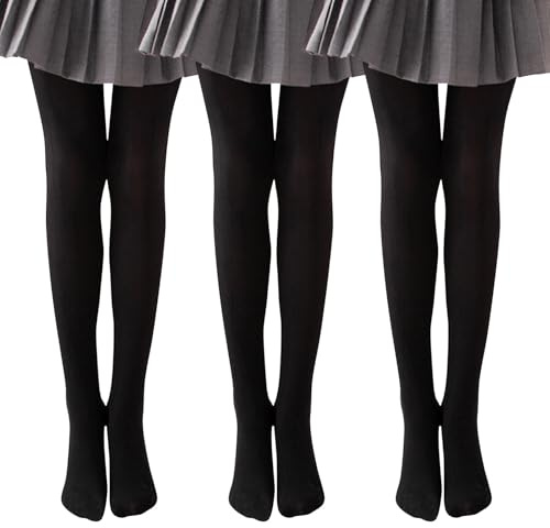 Runmeihe 3PCS Medias Escolares Antideslizantes para Niñas, Medias de Ballet de Punto Elástico de Microfibra 20D y 90D para Ropa Escolar (FR/ES, Edad, 7 años, 9 años, Regular, 90D Black)