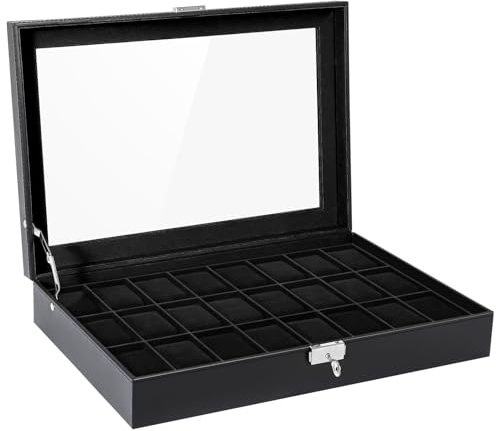 Uten Scatola Porta Orologi a 24 Scomparti, PU Porta Orologi, Serratura a Chiav, Coperchio in Vetro, Fodera in Velluto Nero, Idea Regalo, Catola Portagioielli per Orologi Uomo e Donna