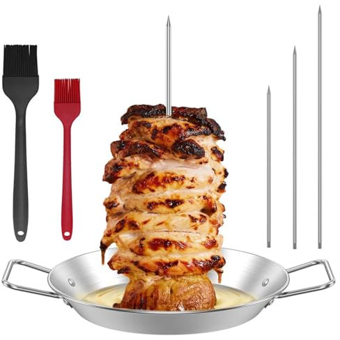 Vertical Kebab Skewer Stand, Stainless Steel BBQ Meat Chicken Skewers Grill with 3 Different Sizes Spikes and 2 Brushes, Removable Kebab Skewers with Drip Tray for Sausage Steak Turkey Fish
