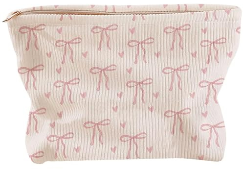 FloralGrace 1 Stück Rosa Schleife Schminktasche, Kleine Schminktasche, wasserdichte Cord Kosmetiktasche mit Reißverschluss, Ästhetischer Reise Toilettentaschenorganizer