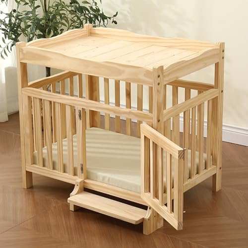 Aioneer Hundebox Für Mittelgroße Hunde, Hundebox Aus Massivem Holz, Multifunktionale Hundebox Mit Regalen, Mit Herausnehmbarer Haustiermatte, Kletterleiter-Design, Atmungsaktiven-Beige Mat-53cm/21in