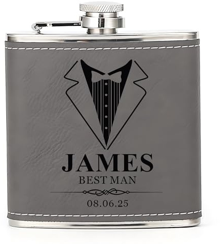 Hip Flask Personalised Hip Flask for Men Custom Engraved PU Leather Hip Flasks Whisky Flask Wedding Best Man Gifts for Usher Groomsmen Groom Father of The Bride (Grey, Design 2)