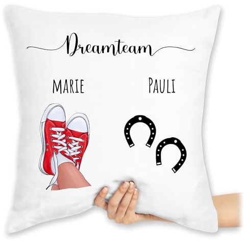 Kissen 40x40 Zierkissen - Dreamteam Mensch und Pferd Geschenk Pferdebesitzer personalisiert I Pferde Geschenk für Pferdeliebhaber I Geschenkideen für Reiter Geschenke Reiter - 40 x 40 cm - Weiß
