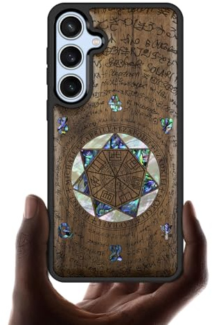 Carveit Designer Wooden Case for Samsung Galaxy S24 FE Case Cover [Wood Engraving & Shell Inlay] Compatible with Wireless Chargers S24 FE Cover (Archangel Solomon's Seals-Walnut)