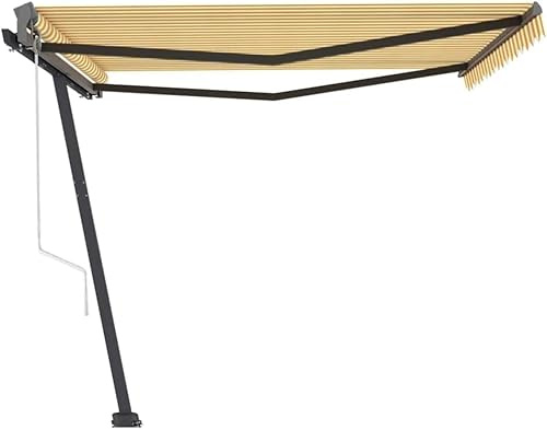 Freistehende Markise Automatisch mit Pulverbeschichtetem Aluminiumrahmen, 360° drehbarer Standfuß, UV-beständigem Polyesterstoff, Sonnenschutz für Balkon, Markise Einziehbar, Gelb/Weiß, 450x300 cm