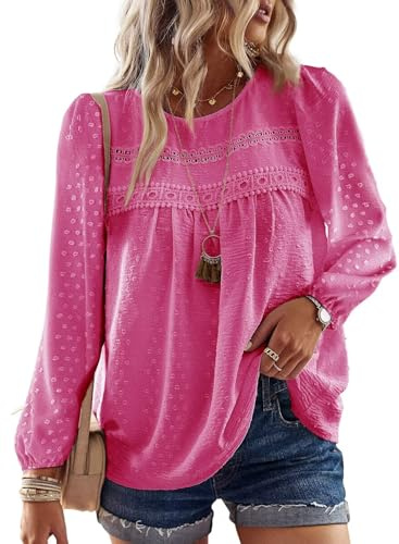 TUUHAW Camisa Mujer Manga Larga Boho Blusa Talla Grande con Cuello Redondo Otoño Elegante Moda 2025 Top Informal Punto Suizo Casual Túnica Color Sólido Fucsia 3XL