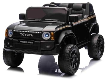 Beneo Motors Kinder Elektroauto 12V Toyota Landcruiser Schwarz, Lizenziertes Kinderfahrzeug mit breitem Sitz, 2x25W Motor, LED-Lichter, Lithium-Batterie, USB/AUX & Bluetooth, 2,4 GHz Fernbedienung