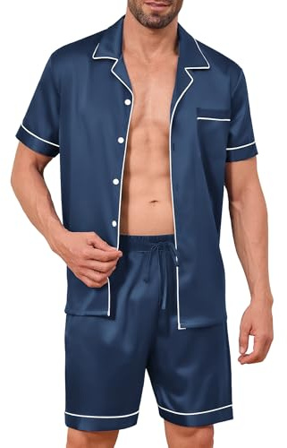 Elainone Conjunto de pijama de seda de satén para hombre, manga corta, dos piezas, ropa de salón con botones y bolsillos