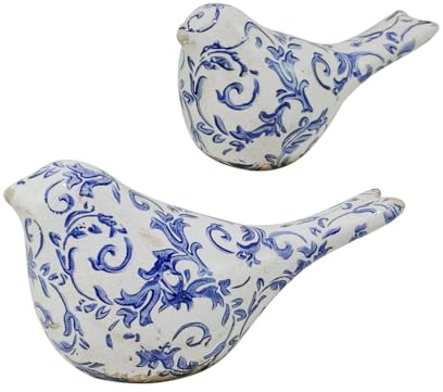 Ceramic Bird Ornaments Set of 2 with Botanical Floral Print Design (Blue) | Fine China Inspired Design, Felted Base, Vintage Style, Home Decor, Ceramic Ornaments, Crackled Glaze Finish