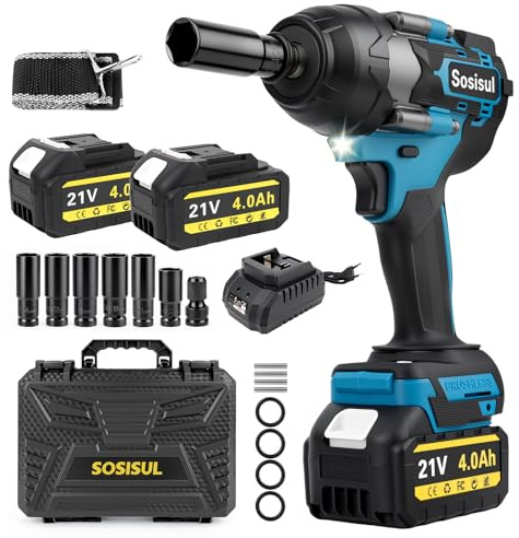 Cordless Impact Wrench 1000Nm, 1/2 Brushless Electric Impact Driver Gun with 2×4.0Ah Batteries, Fast Charger, LED Light & Tool Box, Motor Impact Torque Wrench with 6 Sockets for Car & Workshop Use