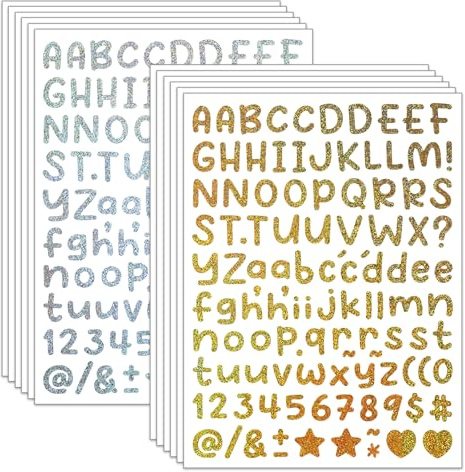 1356 Stücke/12 Blätter Glitzer Buchstaben Aufkleber Kleine(13 mm),Selbstklebend Alphabet und Zahlen Sticker, DIY Buchstabe Aufkleber für Scrapbooking,Verschönerung,Geburtstagskarte (Gold und Silber)