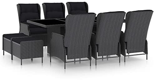 QJBSAVVA 9-TLG. Gartenlounge Set 200x100 cm Esstisch aus Glas Poly Rattan Sessel mit Wipp-Funktion Fußhocker Schwarze Auflagen Modernes Design für Balkon Terrasse Garten