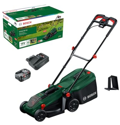 Bosch cortacésped a batería ROTAK18V-32 (anchura de corte: 32 cm, altura de corte: 25-65 mm, cesto de tela de 35 l, tapón para triturado, incluye batería y cargador)