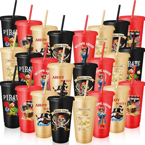 MSYU Lot de 24 gobelets réutilisables en plastique avec couvercles et pailles, pour anniversaire, Noël, décorations à thème occidental, 710 ml, 6 styles