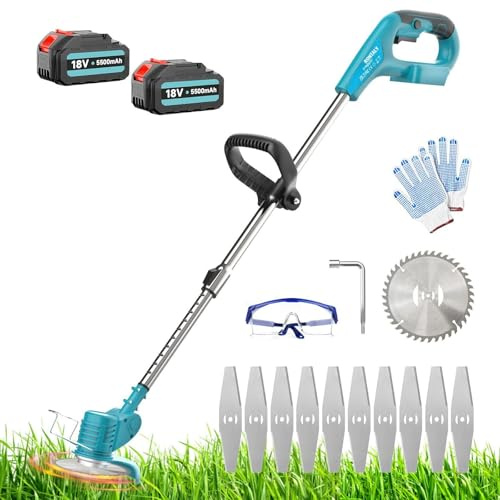 Desbrozadora con batería de 18 V con batería de 2 x 3,0 Ah y cargador, mango giratorio de 180°, cabezal giratorio de 90°, barra telescópica ajustable (85-122 cm), 3 tipos de cuchillas (metal, plástico